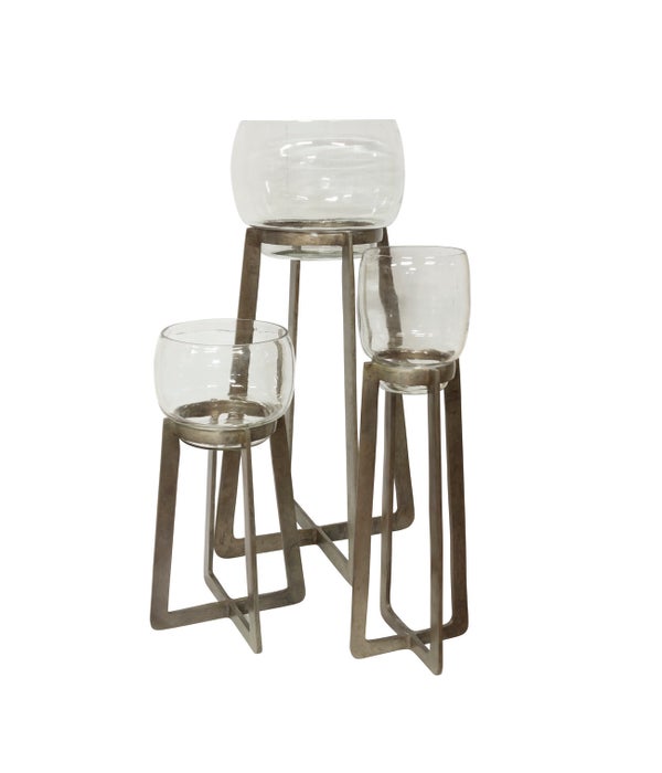 S/3 Candle Holders On Alu Stand With Clear Glass