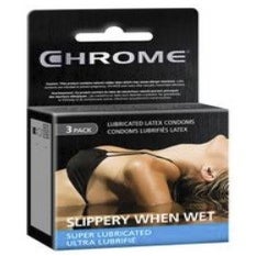 CHROME® CONDOMS 3'S- SLIPPERY WHEN WET, LUBRICATED- 120/CASE (10 BUNDLES OF 12)