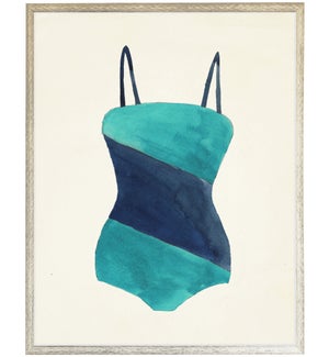 Teal and Navy Diagonal Strip Bathing Suit distressed white shadow box