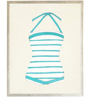 Teal and White strip Bathing Suit one piece distressed white shadow box