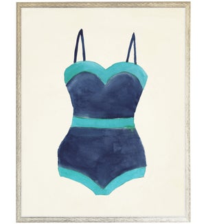 Navy with Teal outline Bathing Suite one piece distressed white shadow box