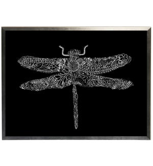 Black and white doodle dragonfly on black