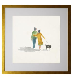 Watercolor couple walking a dog, matted