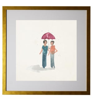 Watercolor couple holding an umbrella, matted