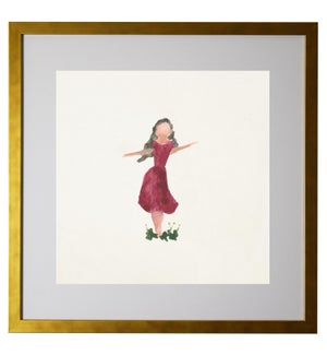 Watercolor girl with long hair and red dress, matted