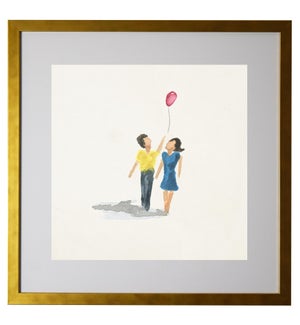 Watercolor couple holding a balloon, matted
