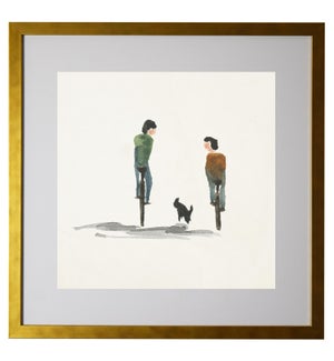 Watercolor couple with a dog, matted