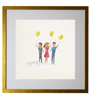 Watercolor three people with balloons, matted