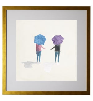 Watercolor two people holding two umbrellas, matted