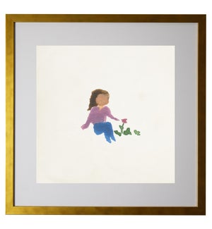 Watercolor girl with a flower, matted