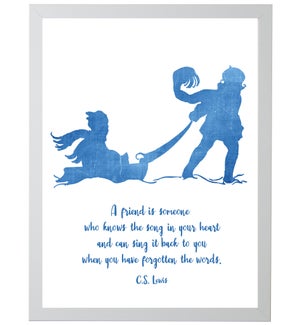 Blue sillouette pulling sled w/ A friend is someone quote, CS Lewis