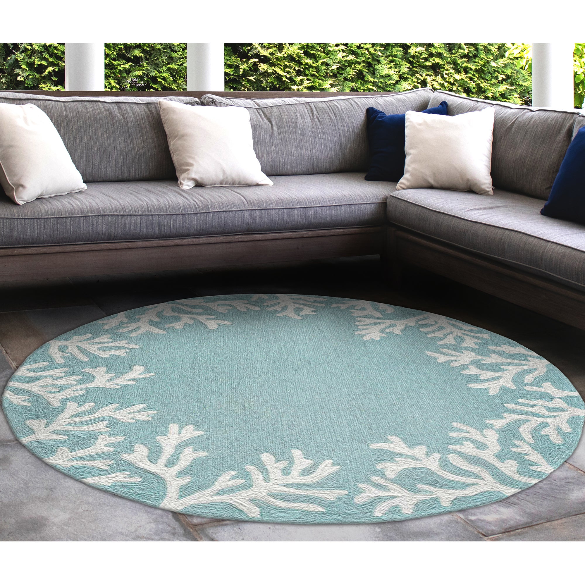 Liora Manne Capri Coral Border Indoor/Outdoor Rug Aqua 5' Round