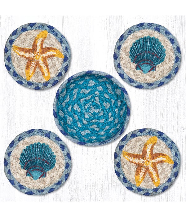 CNB-378 Star Fish Scallop Coasters in a Basket 5 x 5 in.x1.25 in.