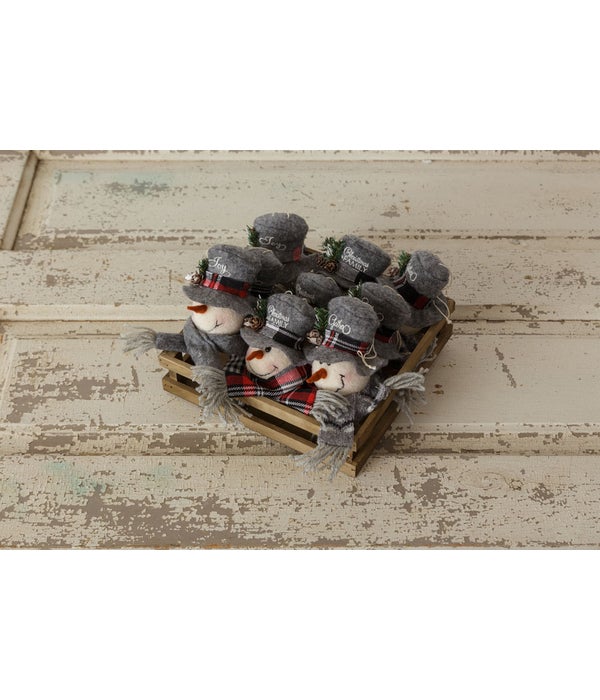 Cozy In Plaid - Wood Crate With Snowmen Head Ornaments - 1.5 in. x 8 in. x 8 in.