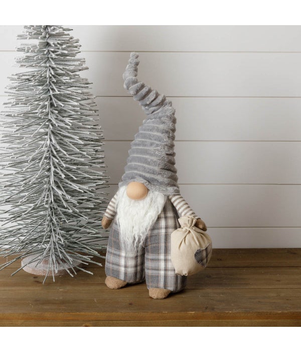 Standing Gnome with Bag - Gray Plaid Pants, Gray Hat - 22 in. H x 10 in. W x 5 in. D