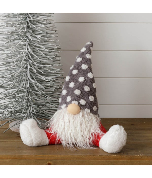 Sitting Gnome - Red Pants, Gray Dot Hat - 16 in. H x 15 in. W x 7 in. D