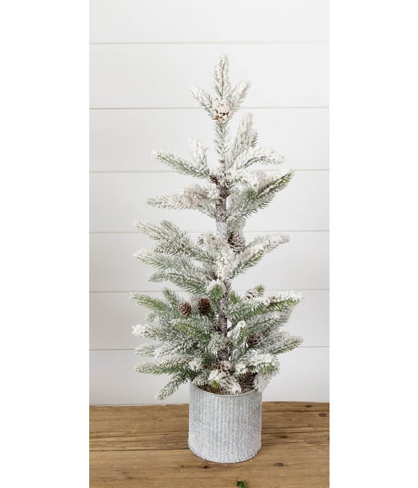 Flocked Pine In Metal Pot, 26 Inches - 26 in. H x 11 in. W