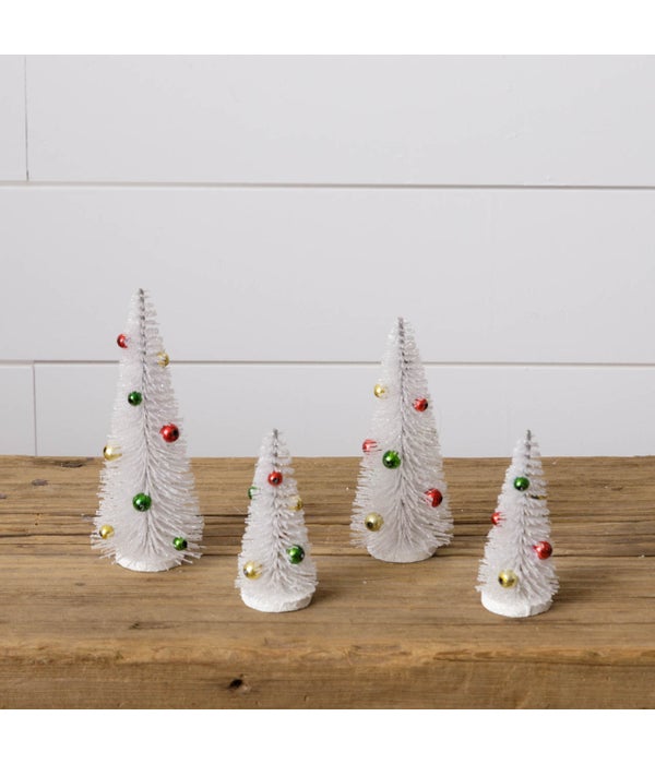 Bottle Brush Trees - White Glitter With Ornaments
