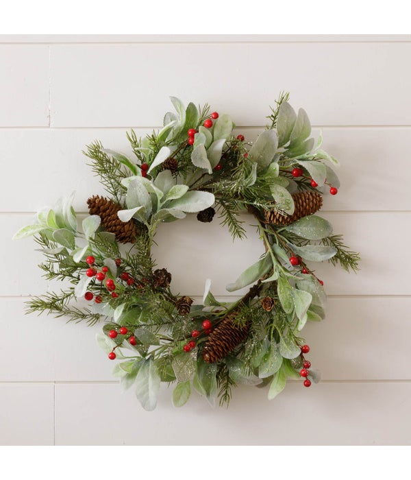 Mini Wreath - Glittered Lamb Ears, Berries And Pinecones