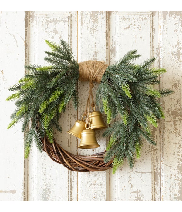 Wreath - Evergreen with Brass Bells - 20 in. Outside, 11 Inside