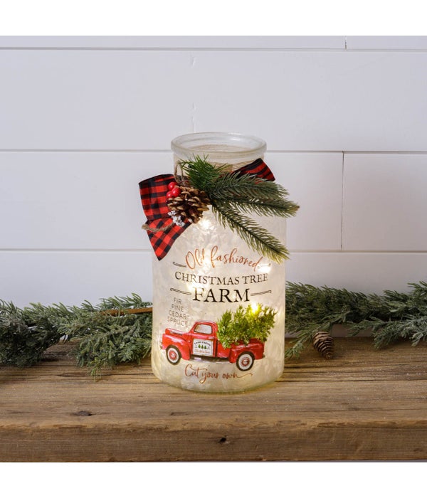 Frosted Glass Luminary With Bow - Christmas Tree Farm