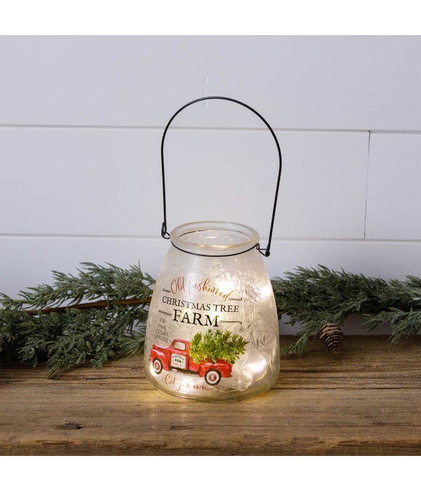 Frosted Glass Luminary With Handle - Christmas Tree Farm