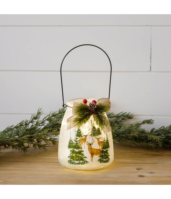 Frosted Glass Luminary with Handle - Deer in Forest
