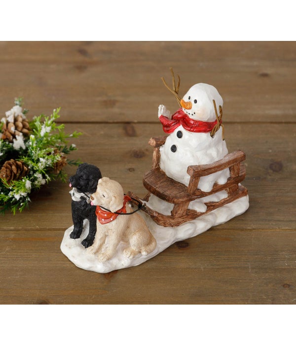 Dog Pulling Snowman On Sleigh Figurine