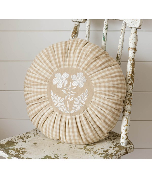 Round Pleated Tan And Linen Check Pillow