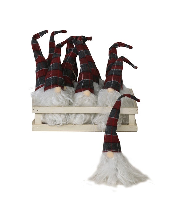 12 pc Plush Red/Grey Plaid Santa Gnome Ornament w/Crate