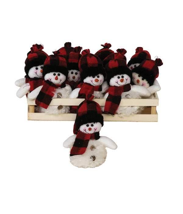 12 pc Plush Red/BlackPlaid Snowman Ornament w/Crate - 7 in. H