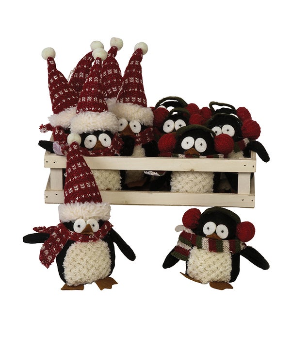 2 Asst Plush Penguin Ornament w/Crate - 4 in. H