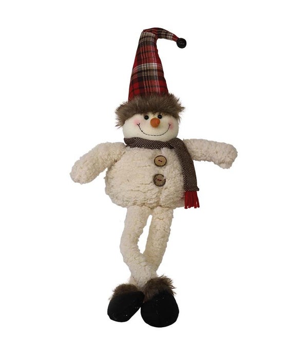 Dangle Leg Plush Snowman w/Plaid Scarf & Hat w/Red Plaid Hat