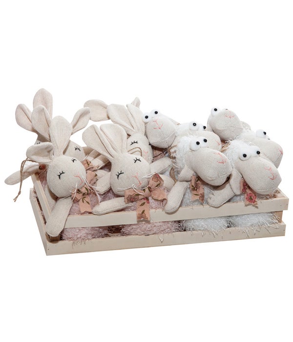 12 pc Fabric Rabbit & Sheep Ornaments with Crate - 4.75 H .in