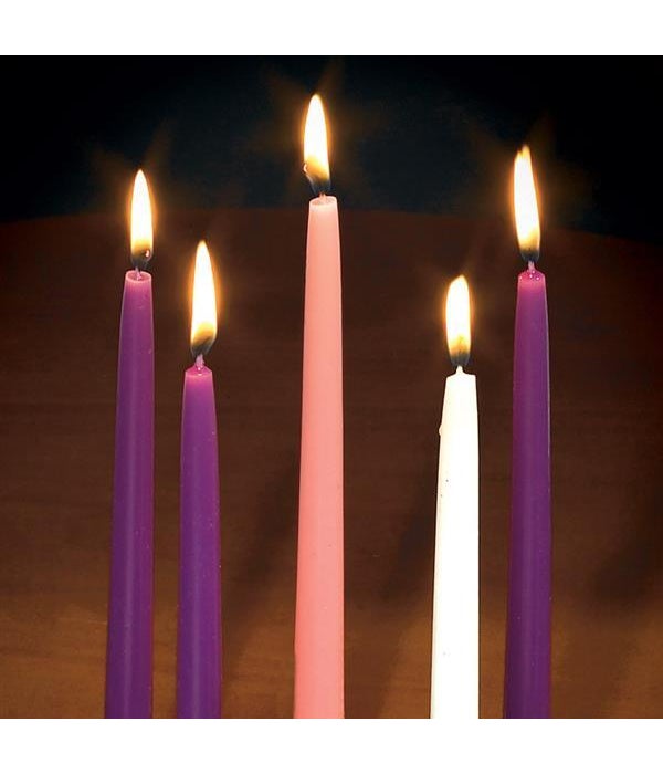 5 PC CANDLE SET- 10 x 3/4 in. 3 PURPLE, 1 PINK & 1 WHITE