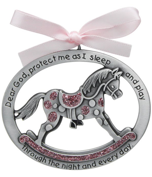 PINK EPOXY ROCKING HORSE CRIB MEDAL W/PINK RIBBON CARDED -
