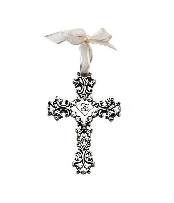 SILVER 25 YEARS FILIGREE CROSS ON IVORY RIBBON GIFT BOXED