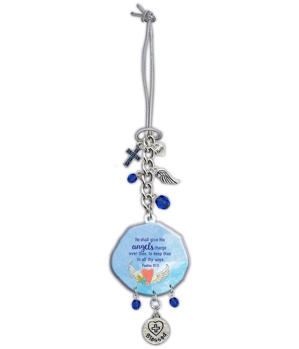 GIVE HIS ANGELS ARTMETAL CAR CHARM ON SILVER STRETCH CORD