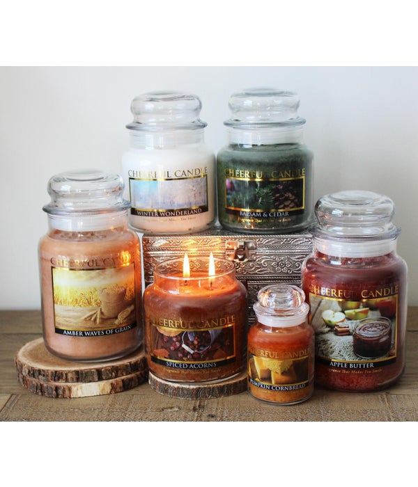 6oz Cheerful Candles - 18 per Case - Min of 2 per style. Mix & Match.