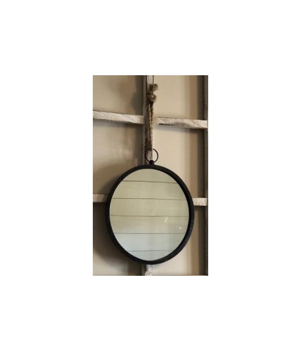 Black Distressed Frame Round Mirror with Rope Hanger 13 in.