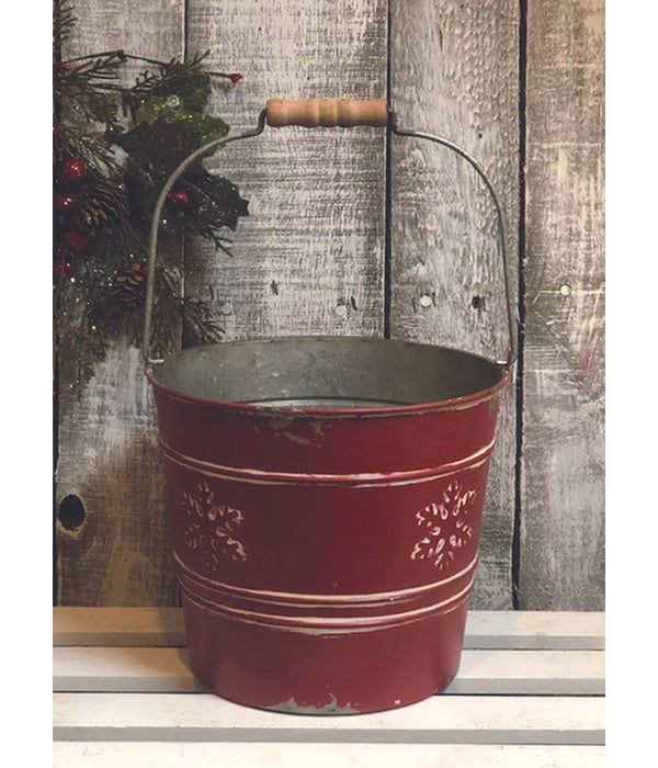 White Snowflake Red Distressed Bucket - 6.5 in. x 8.5 in.