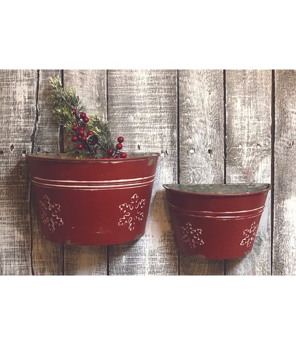 White Snowflake Red Distressed Pocket Wall Hangers (Set of 2)