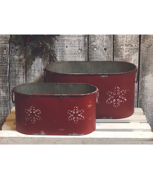 Red Oval Containers With Snowflakes (Set of 2) - 5 in. x 10 in. & 6 in. x 12 in.