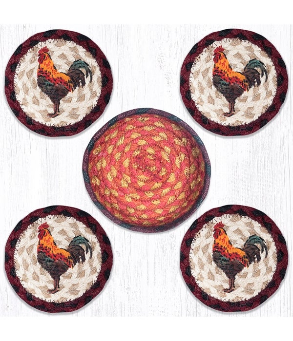 CNB-471 Rustic Rooster Coasters in a Basket 5 x 5 in.x1.25 in.