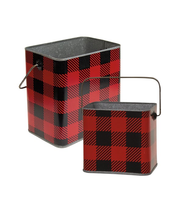 2/Set, Red & Black Buffalo Check Canisters w/Handles - Lg: 7L  x  4.25 dp  x  6.5H Sm: in.
