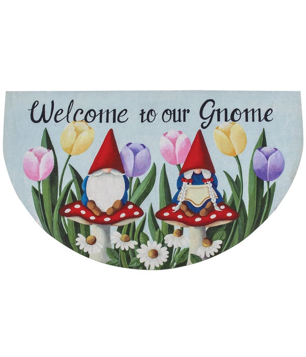 Welcome To Our Gnome Tulips Half Mat, Rubber - 29.25L  x  17.5W  x  0.25D in.