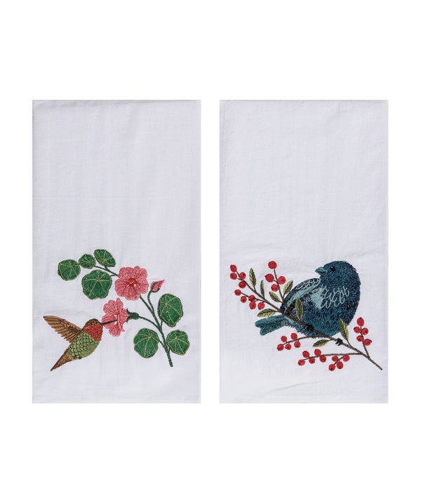 Cloth Embroidered Bunting/Hummingbird Tea Towel 2 Asst