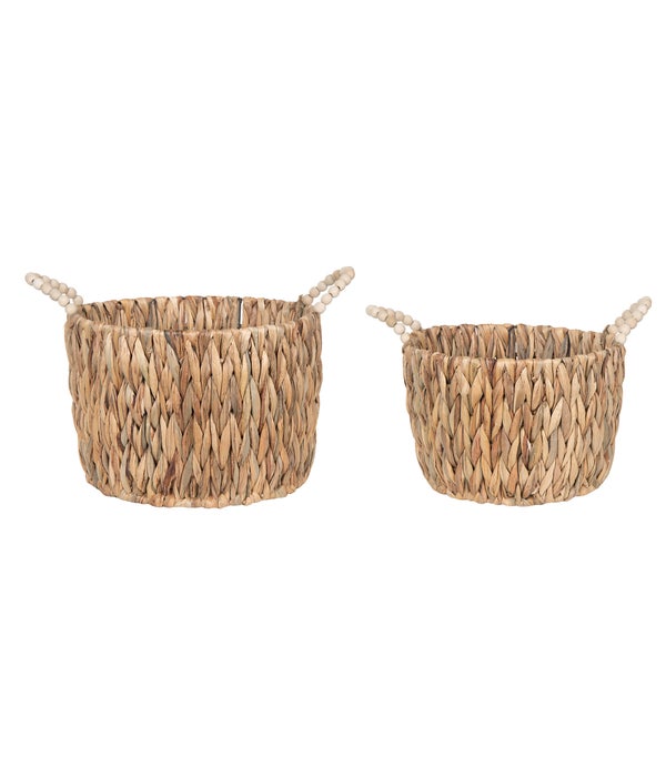 Natural Water Hyacinth Basket Round w/Beaded Handles S/2 -