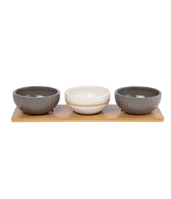 Stoneware Bowl w/Wood Tray S/4 -