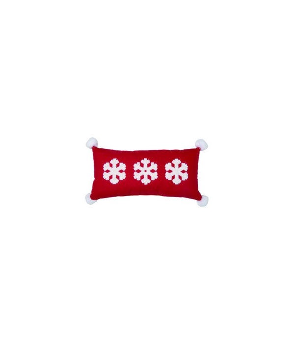 Fabric Embroidered White & Red Snowflake Lumbar Pillow -